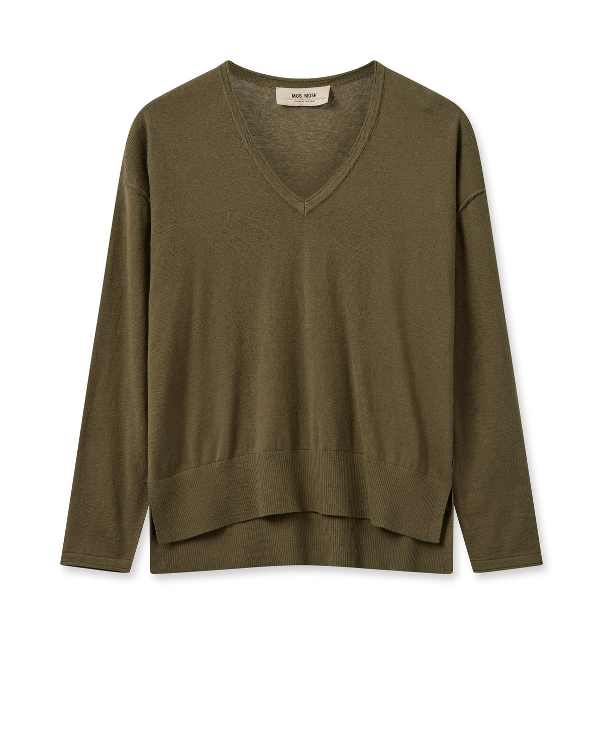 Khaki lightweight V neck jumper with long sleeves and dipped hem with side splits