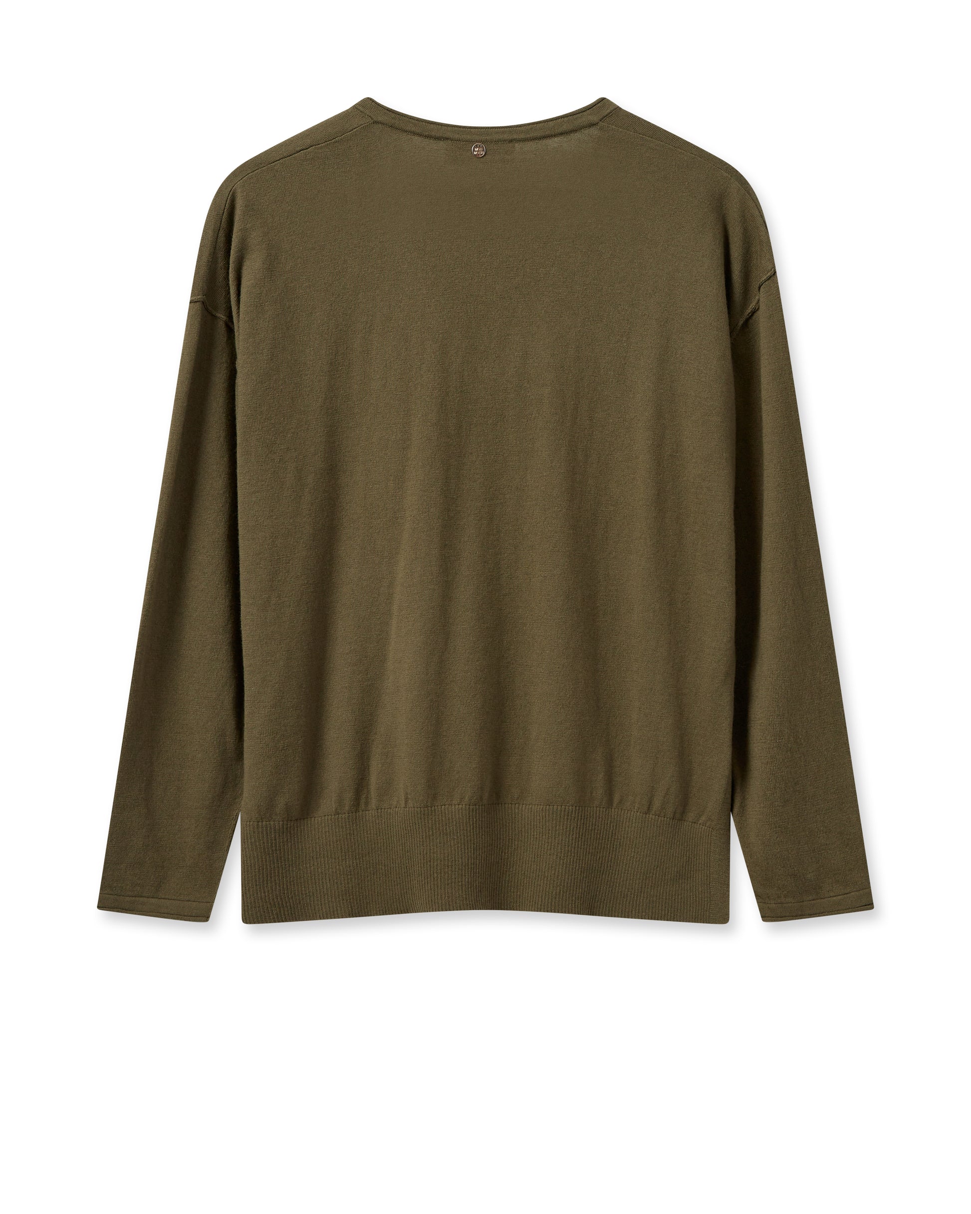 Khaki lightweight V neck jumper with long sleeves and dipped hem with side splits