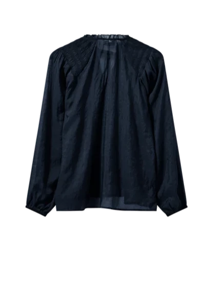 Navy semi sheer pull on top with tie neck and raglan sleeves