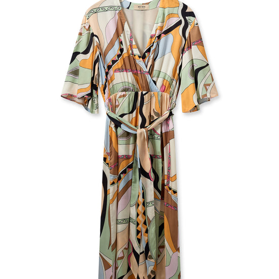 Multi coloured faux wrap dress with V neckline short sleeves and elasticated waistband with self tie fabric belt