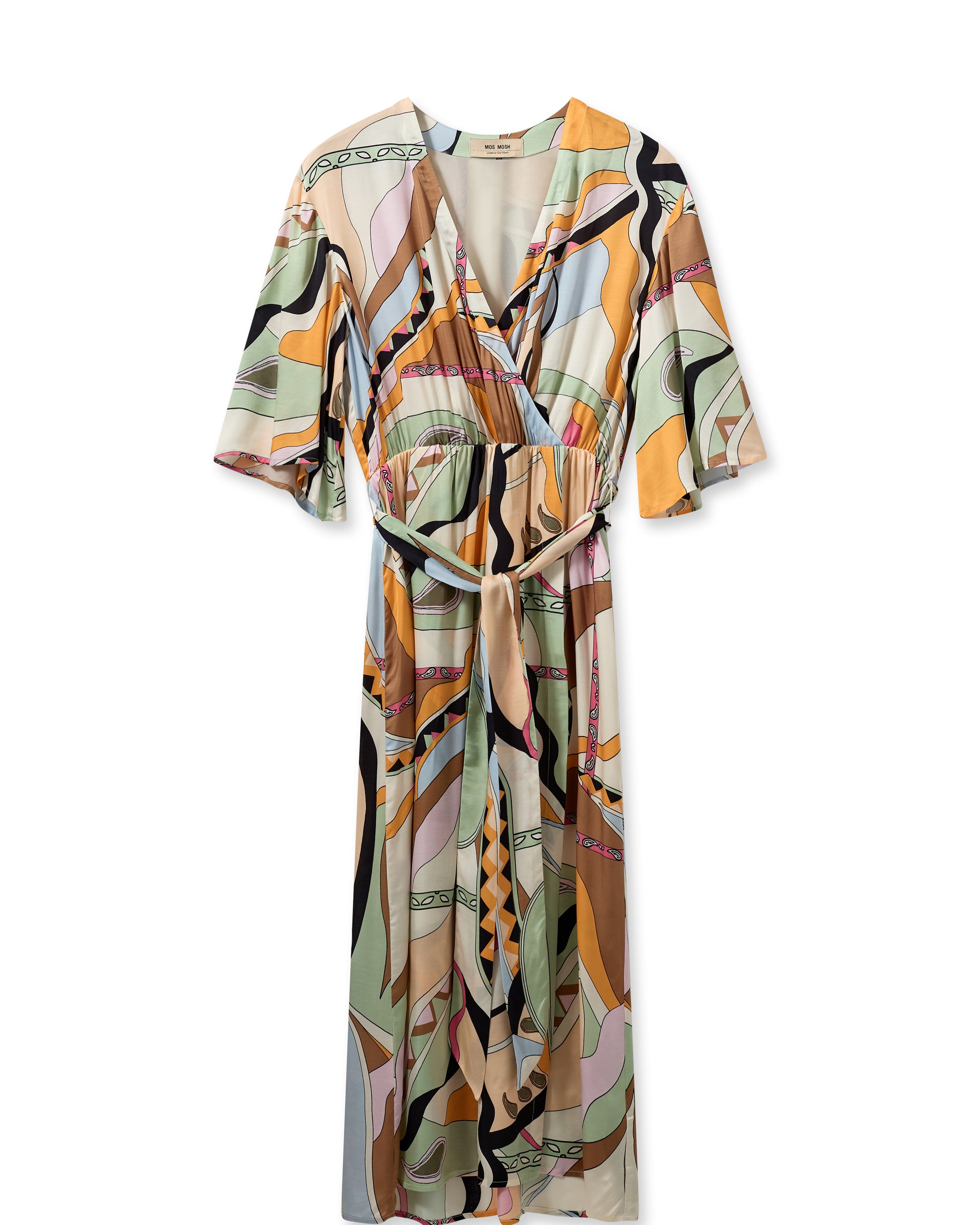 Multi coloured faux wrap dress with V neckline short sleeves and elasticated waistband with self tie fabric belt