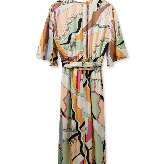 Multi coloured faux wrap dress with V neckline short sleeves and elasticated waistband with self tie fabric belt