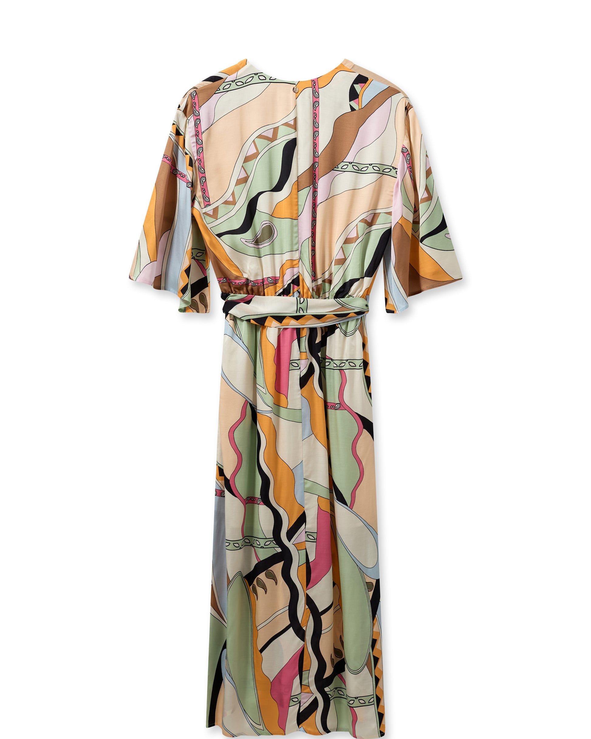 Multi coloured faux wrap dress with V neckline short sleeves and elasticated waistband with self tie fabric belt