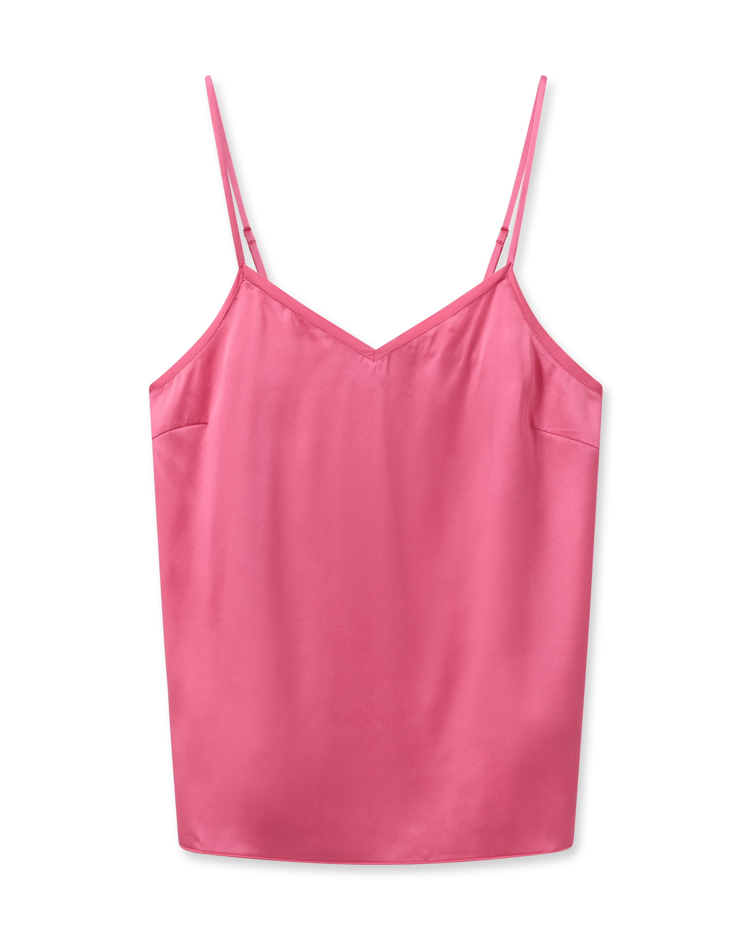 pink silk camisole with spaghetti straps and a V neck