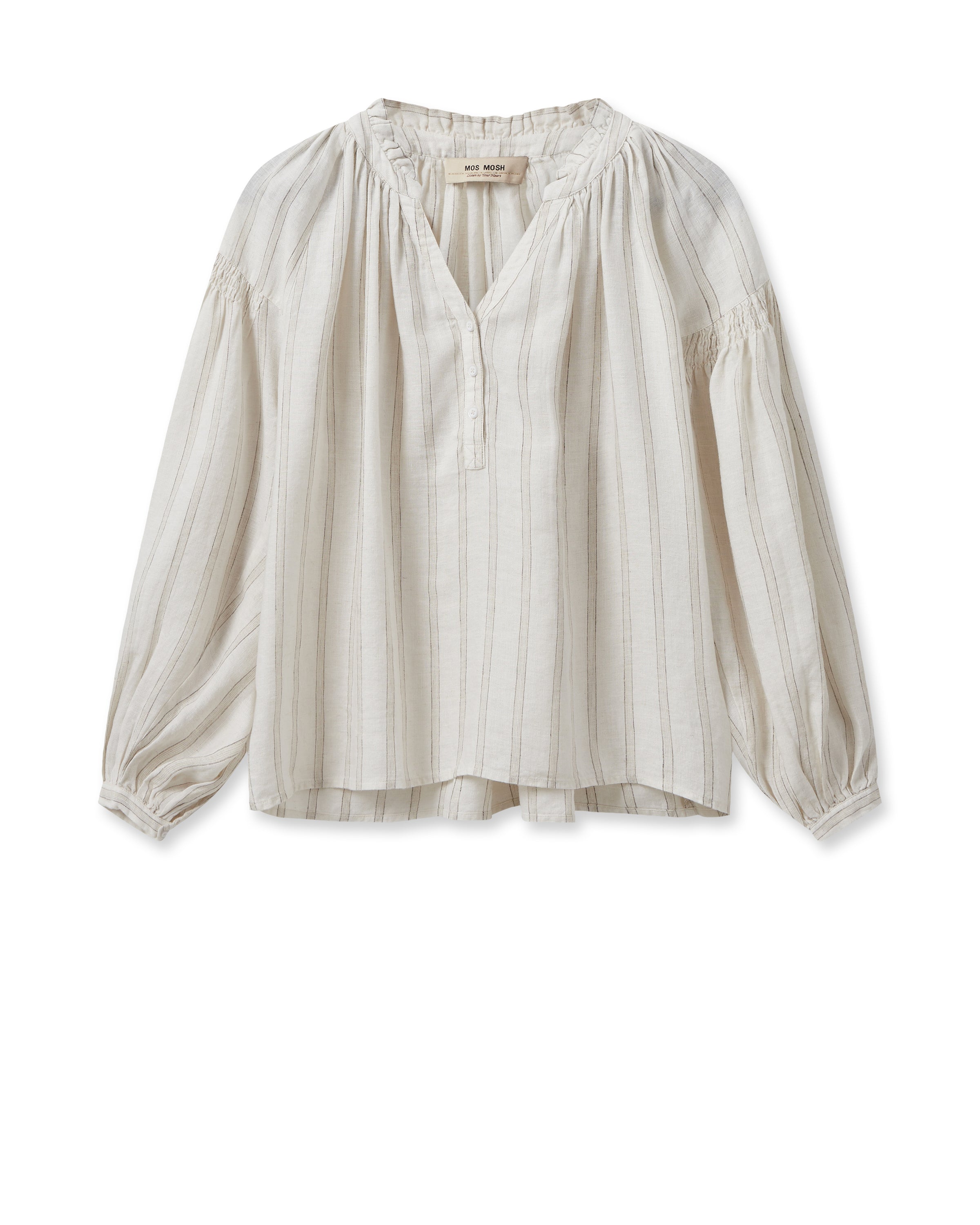 Loose fitting linen blend balloon sleeved shirt with a notch neck