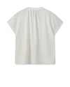 White short sleeve top with notch neck and grown on sleeves