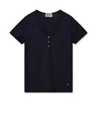 Navy V neck tee with triple button fastening and short sleeves