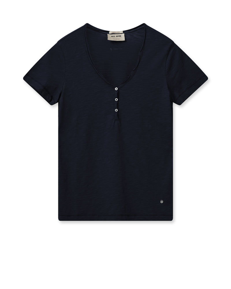Navy V neck tee with triple button fastening and short sleeves