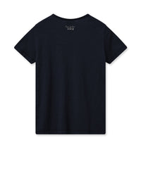 Navy V neck tee with triple button fastening and short sleeves rear view