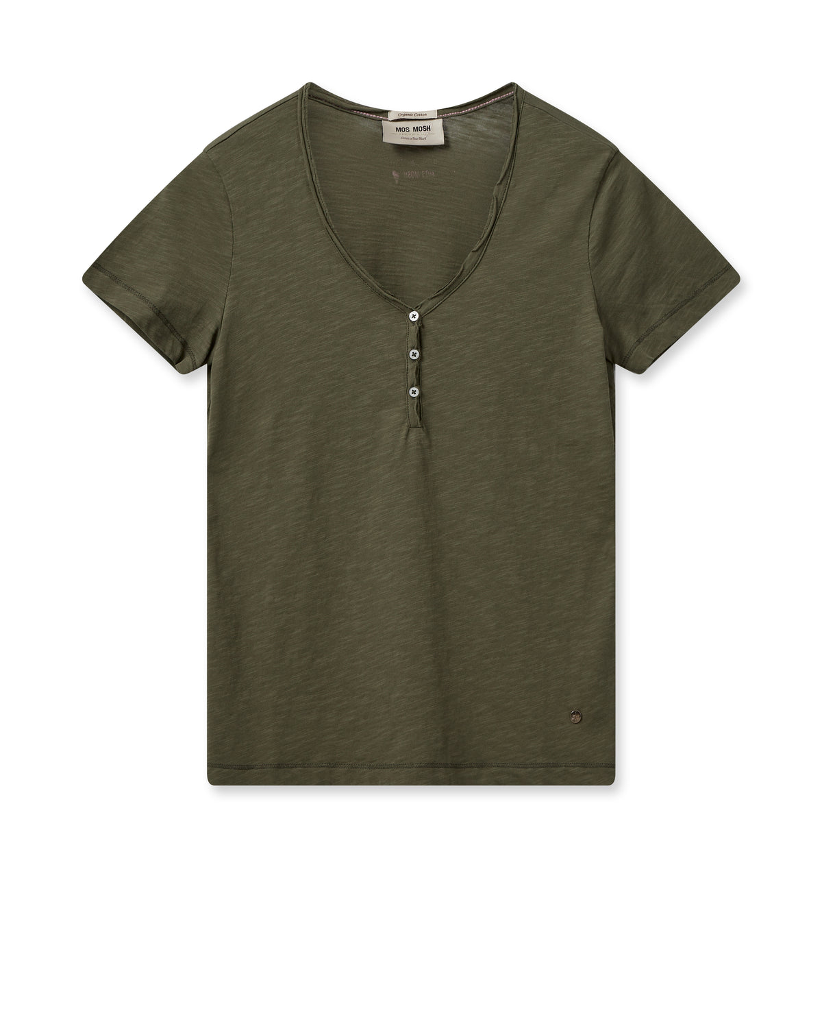 Khaki green cotton tee wiht v neck and three button fastening