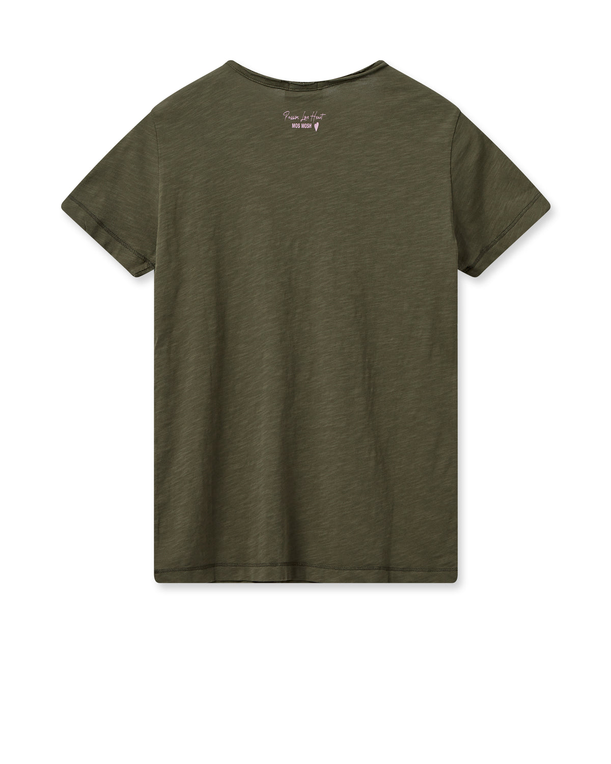 Khaki green cotton tee wiht v neck and three button fastening rear view