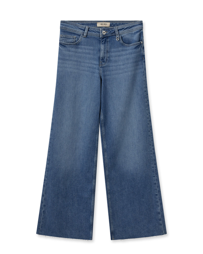 Wide leg blue jeans with five pocket design and raw hem