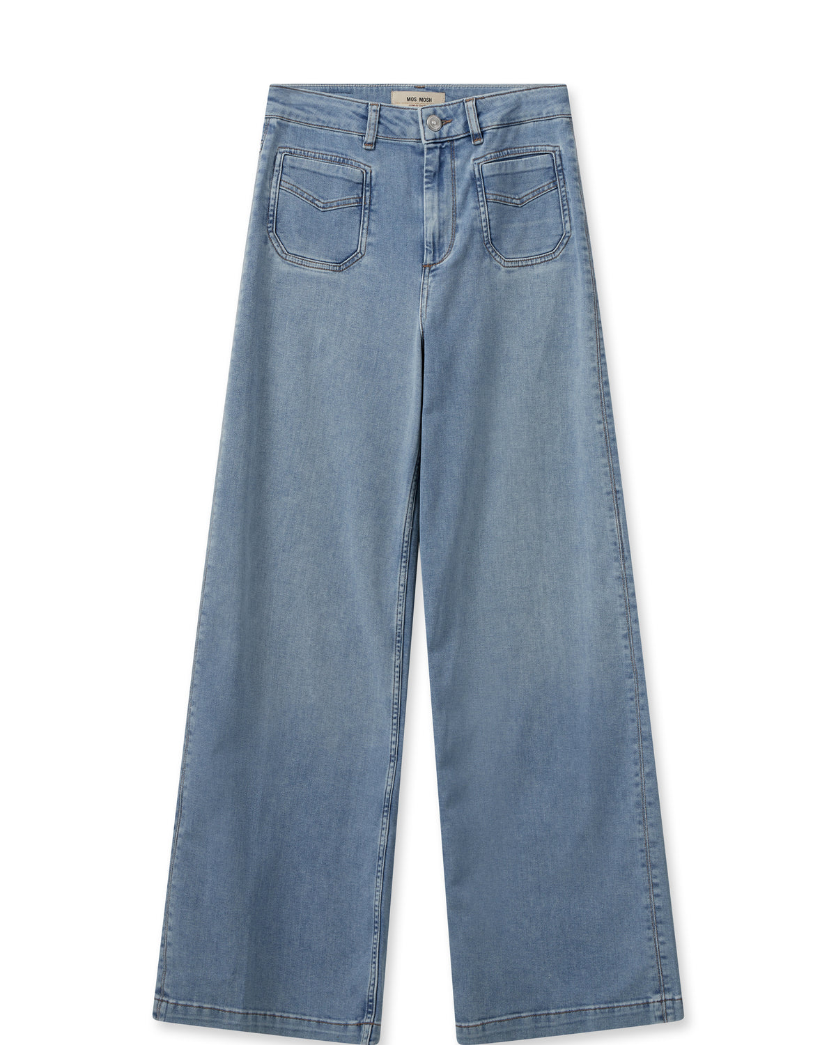 Wide leg light wash denim jeans with two front patch pockets and a rear welt pocket