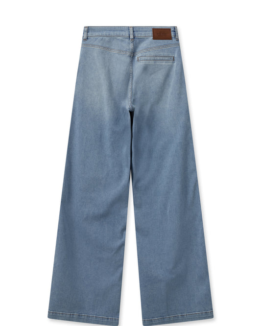 Wide leg light wash denim jeans with two front patch pockets and a rear welt pocket