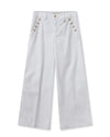 White crop wide leg jeans with gold button detailing at the pockets