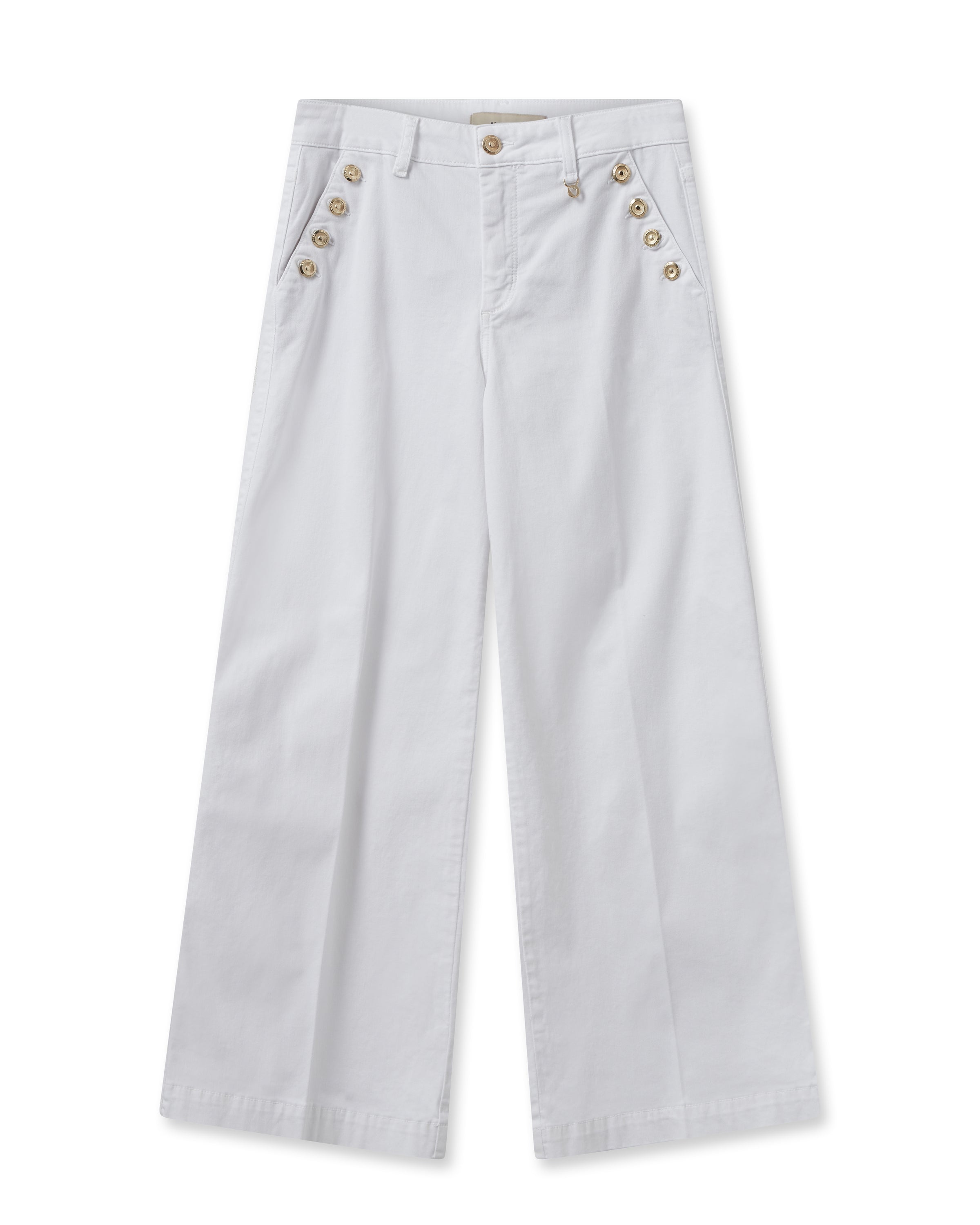 White crop wide leg jeans with gold button detailing at the pockets