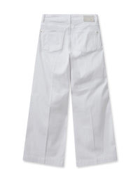 White wide leg jeans with gold button detailing at the pockets