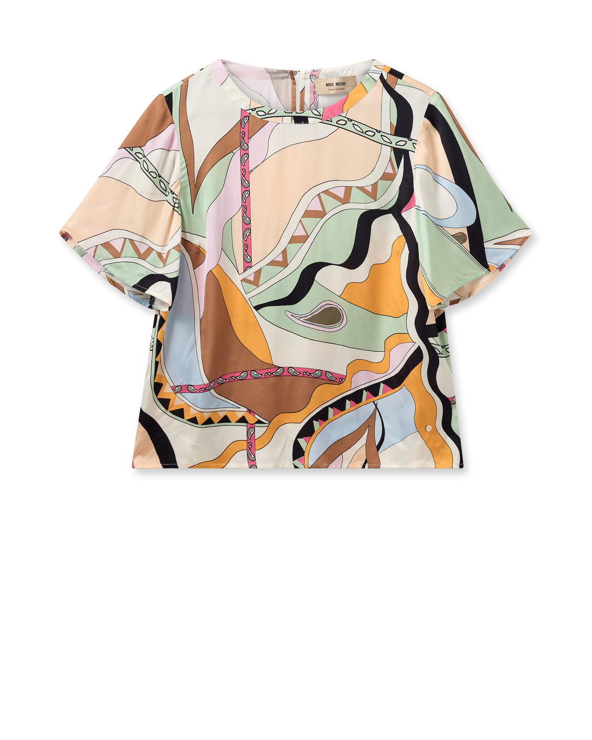 Multi coloured geometric print shell top with crew neckline short sleeves and straight hem