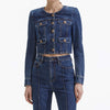 Mid-Dark wash cropped denim jacket with crew neckline and gold buttons with enamel coloured details with long sleeves