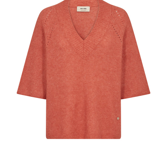 Orange tone ribbed blouse with a V-neck and short sleeves on a white background