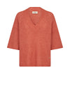 Orange tone ribbed blouse with a V-neck and short sleeves on a white background