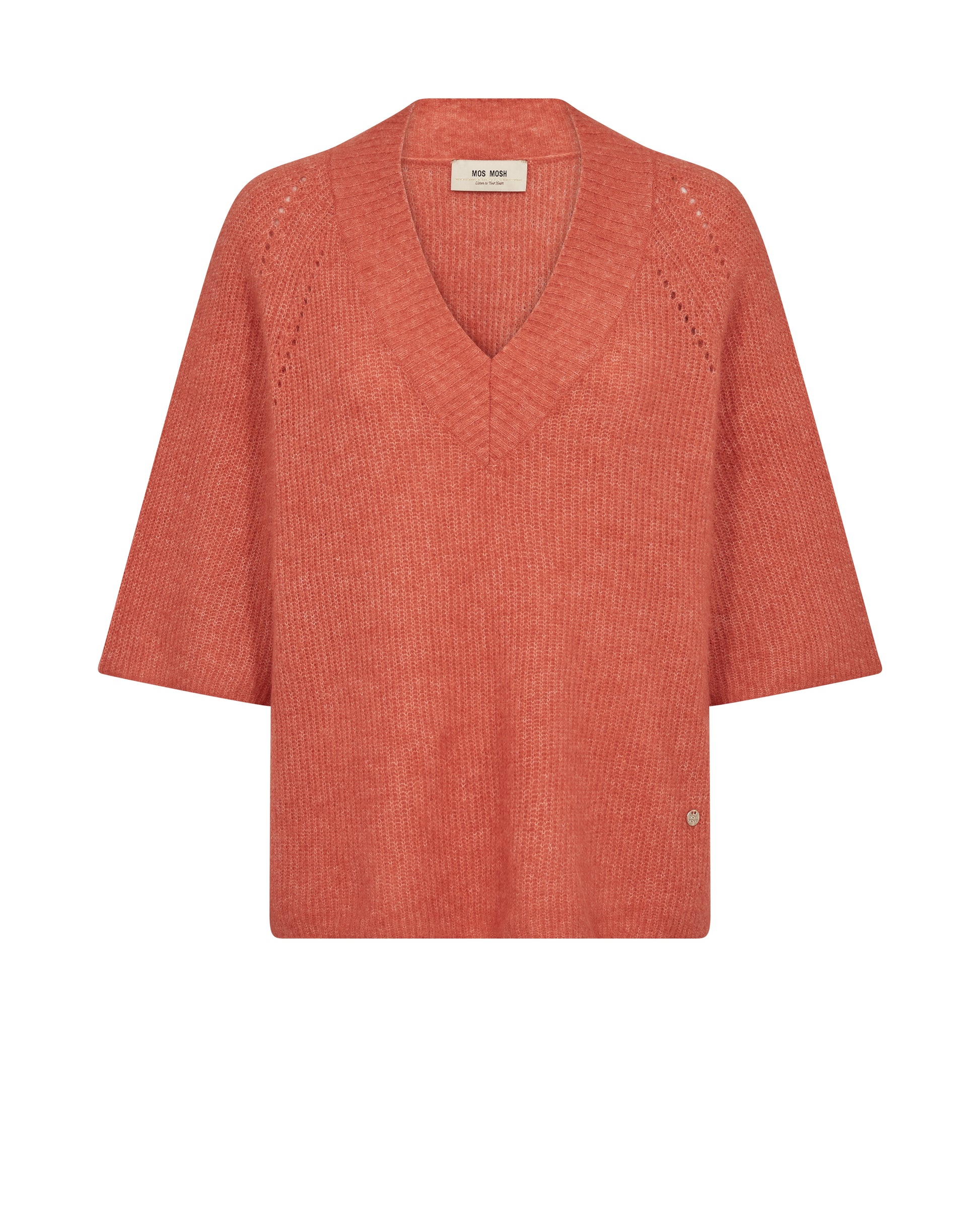 Orange tone ribbed blouse with a V-neck and short sleeves on a white background