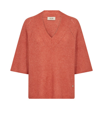 Orange tone ribbed blouse with a V-neck and short sleeves on a white background