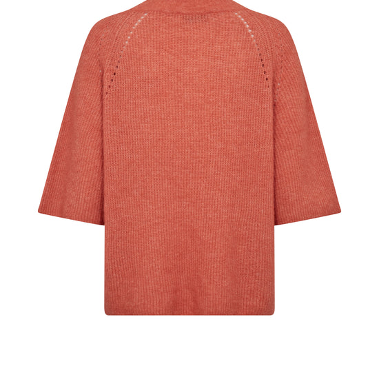 Back view of a rust-colored ribbed sweater on a white background