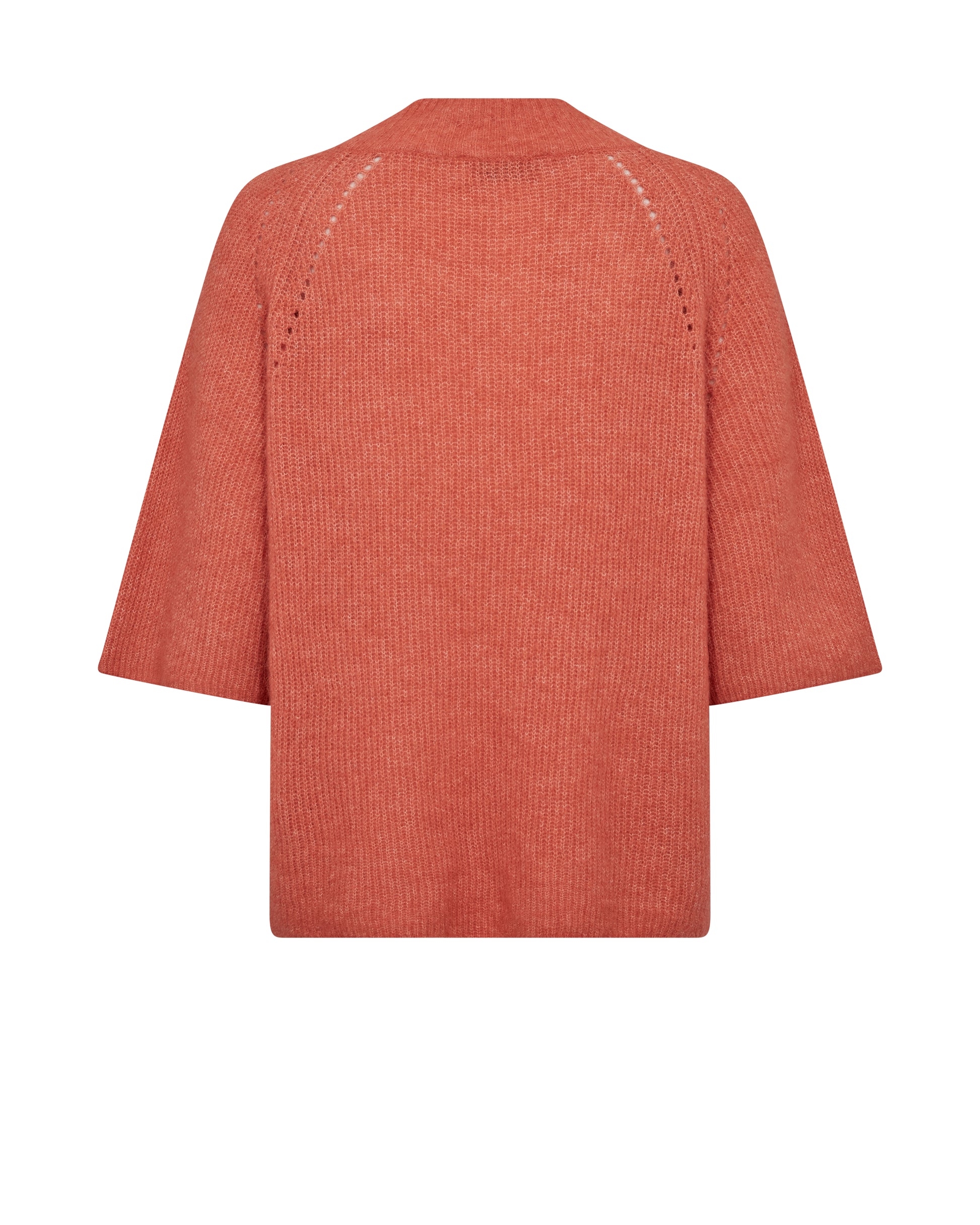 Back view of a rust-colored ribbed sweater on a white background