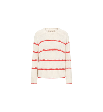 cream jumper with orange stripes on plain background 