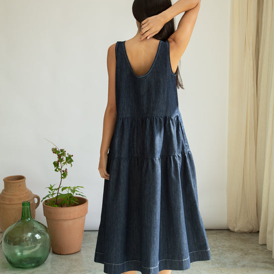 Dark navy organic cotton dress from Beaumont Organics rear view