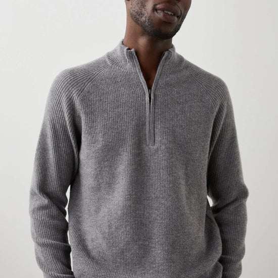 dark grey quarter zip jumper with ribbed hem, cuffs and neck