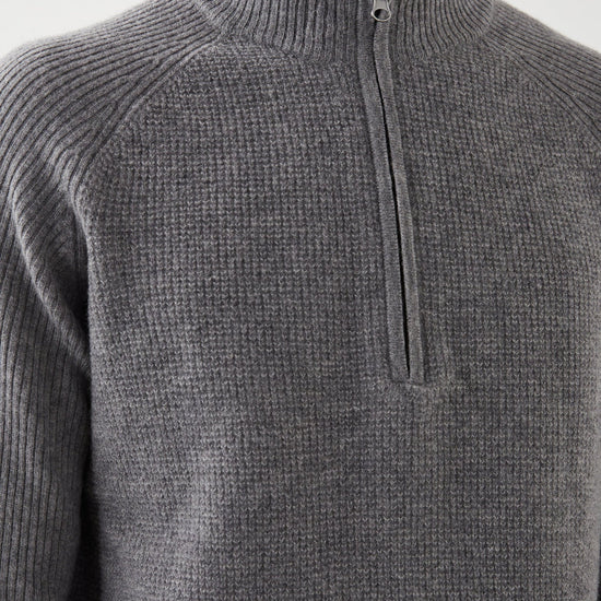 dark grey quarter zip jumper with ribbed hem, cuffs and neck close up