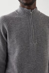 dark grey quarter zip jumper with ribbed hem, cuffs and neck close up