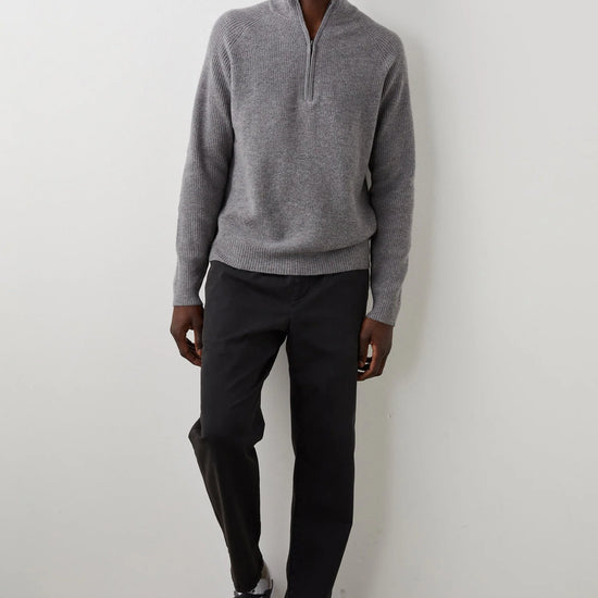 dark grey quarter zip jumper with ribbed hem, cuffs and neck