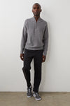 dark grey quarter zip jumper with ribbed hem, cuffs and neck