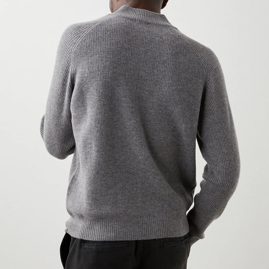 dark grey quarter zip jumper with ribbed hem, cuffs and neck rear view