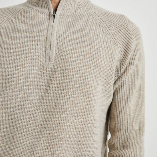 oat quarter zip jumper with ribbed cuffs, hem and neck close up