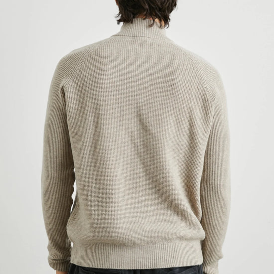 oat quarter zip jumper with ribbed cuffs, hem and neck rear view