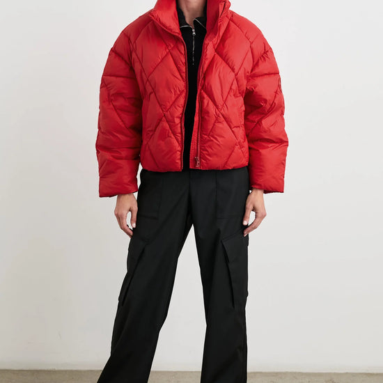 cropped red puffer jacket model shot