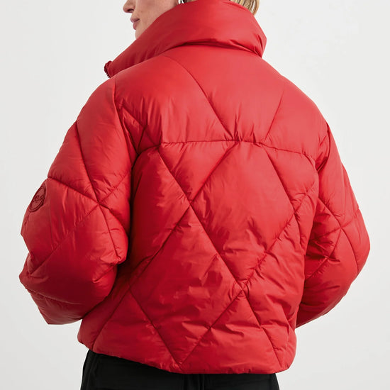 cropped red puffer jacket rear view 