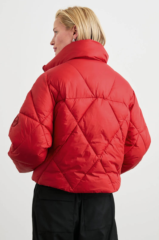 cropped red puffer jacket rear view 