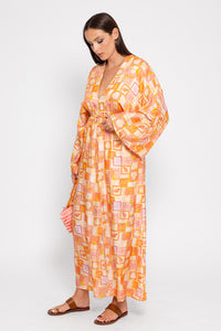 Kimono style beach print dress with a V neck and drawstring waist