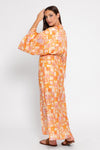 Kimono style beach print dress with a V neck and drawstring waist
