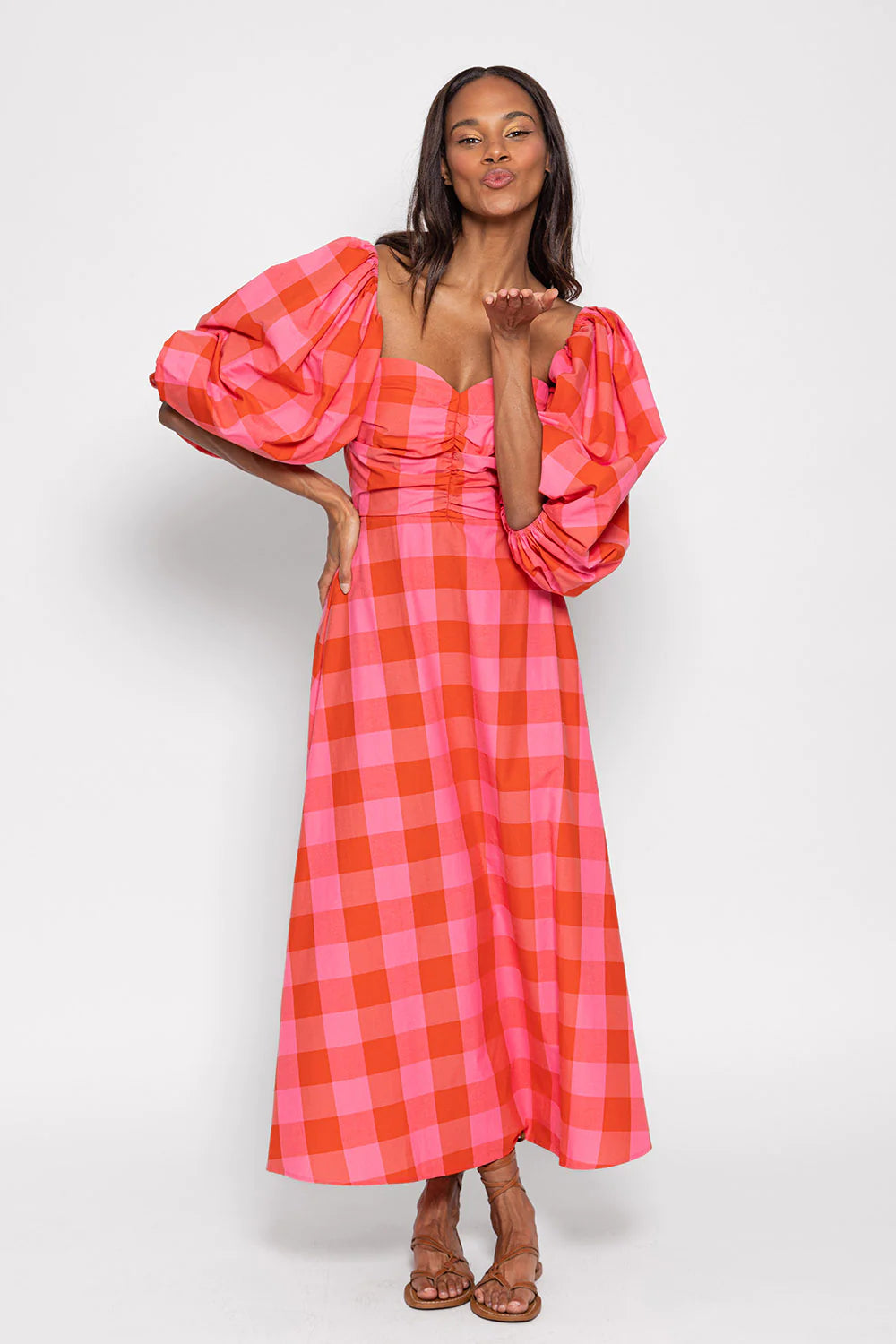 Large gingham red and pink dress with huge puff sleeves sweetheart neckline and A line midi/maxi length skirt