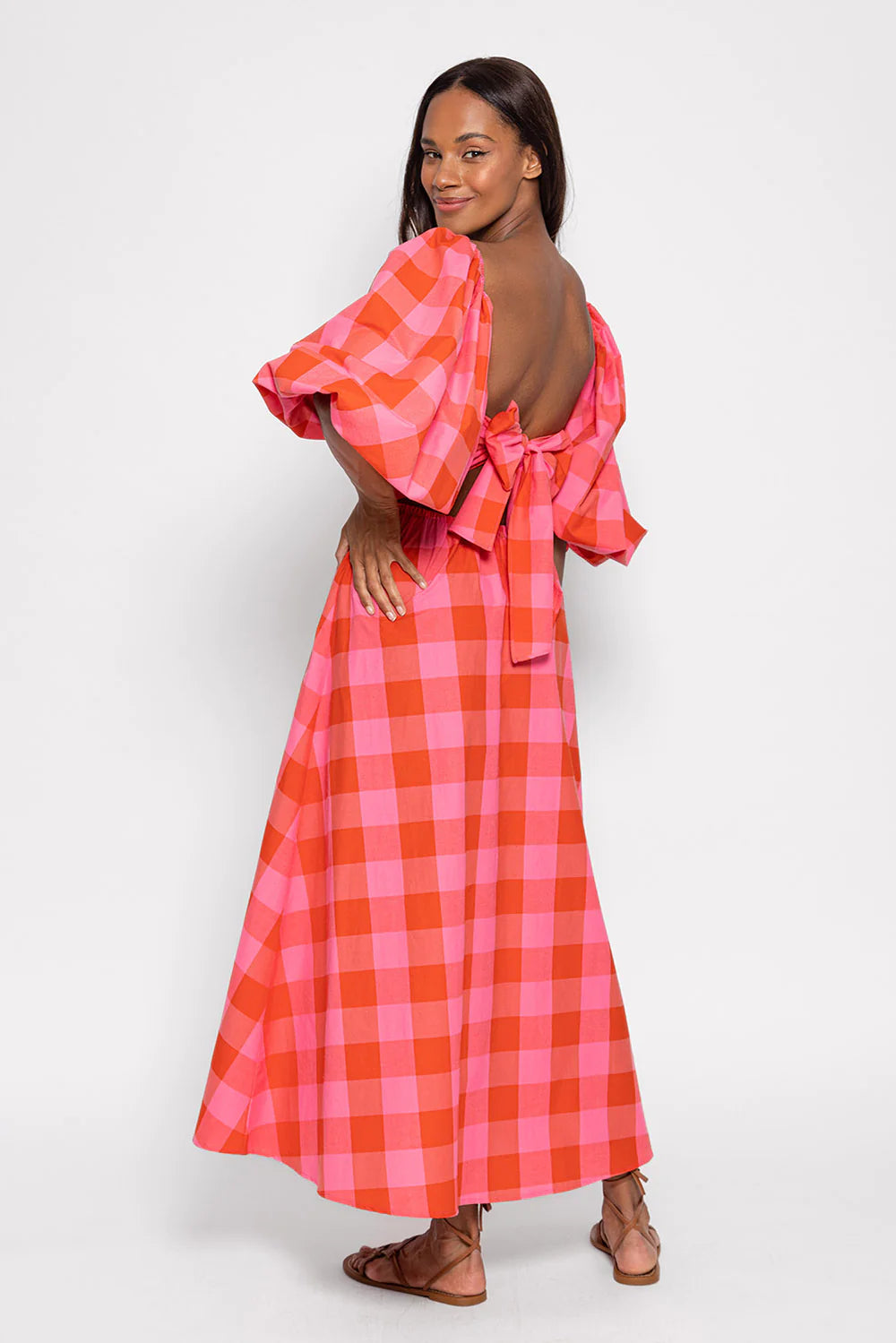 Large gingham red and pink dress with huge puff sleeves sweetheart neckline and A line midi/maxi length skirt