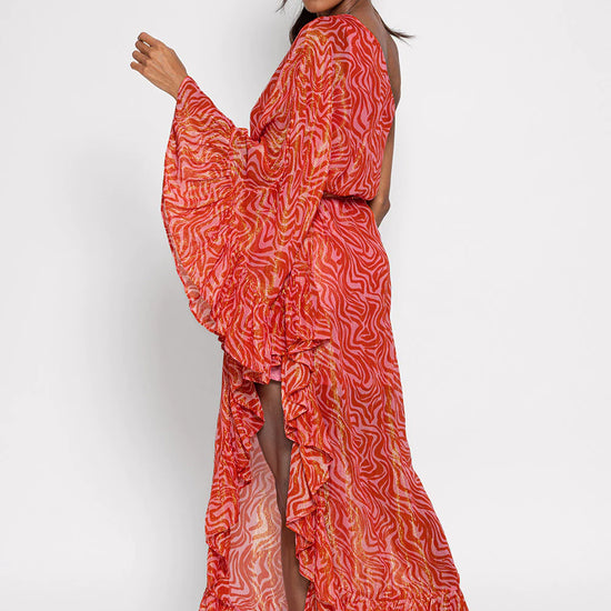 One shoulder ruffle pink and red maxi dress with self tie belt and gold metallic fibres