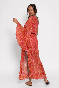 One shoulder ruffle pink and red maxi dress with self tie belt and gold metallic fibres