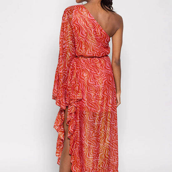 One shoulder ruffle pink and red maxi dress with self tie belt and gold metallic fibres