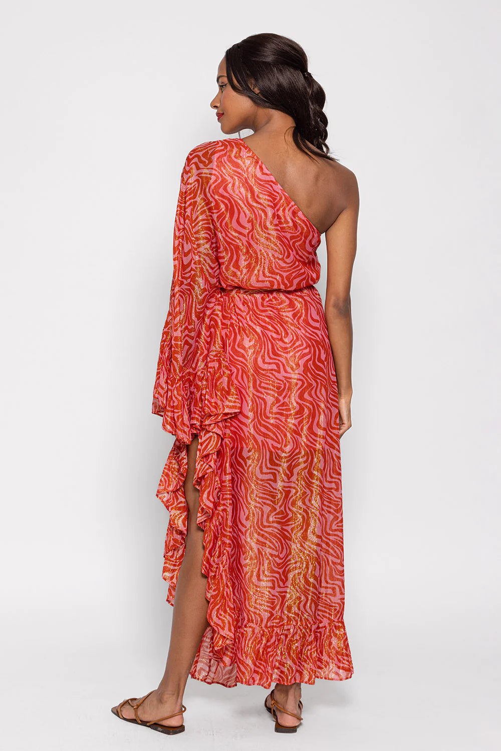 One shoulder ruffle pink and red maxi dress with self tie belt and gold metallic fibres